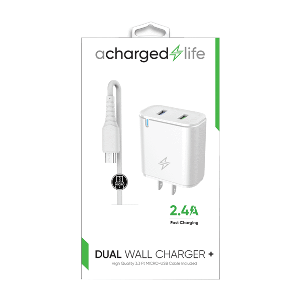 ACharged Life Charging Cable Micro USB 3.3Ft w/Wall Charger 2.4A White